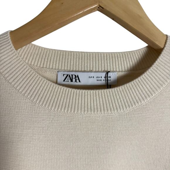 Zara Cream Crewneck Cinched Waist Pullover Sweatshirt Size Small - Picture 3 of 10